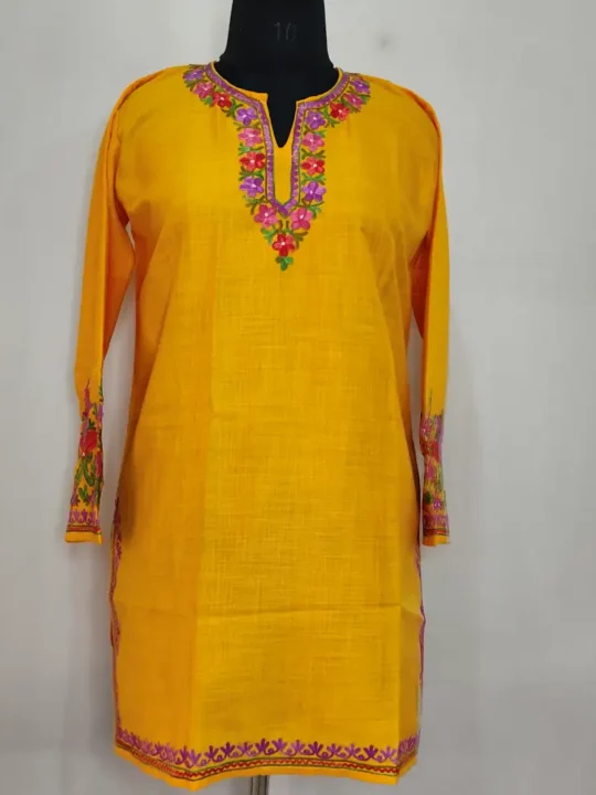 Kashmiri Summer Kurti - Yellow Short Cotton with Aari Embroidery