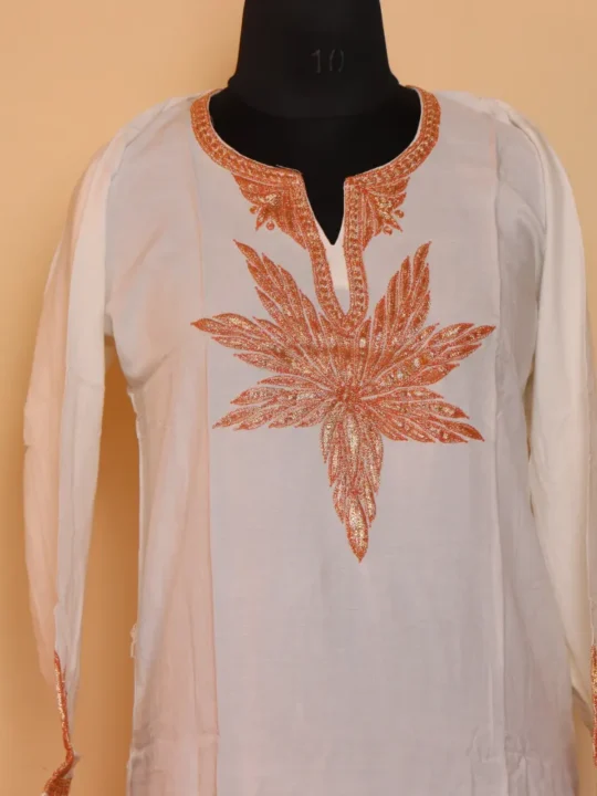 White Rayon Cotton Kurti with Tilla Embroidery