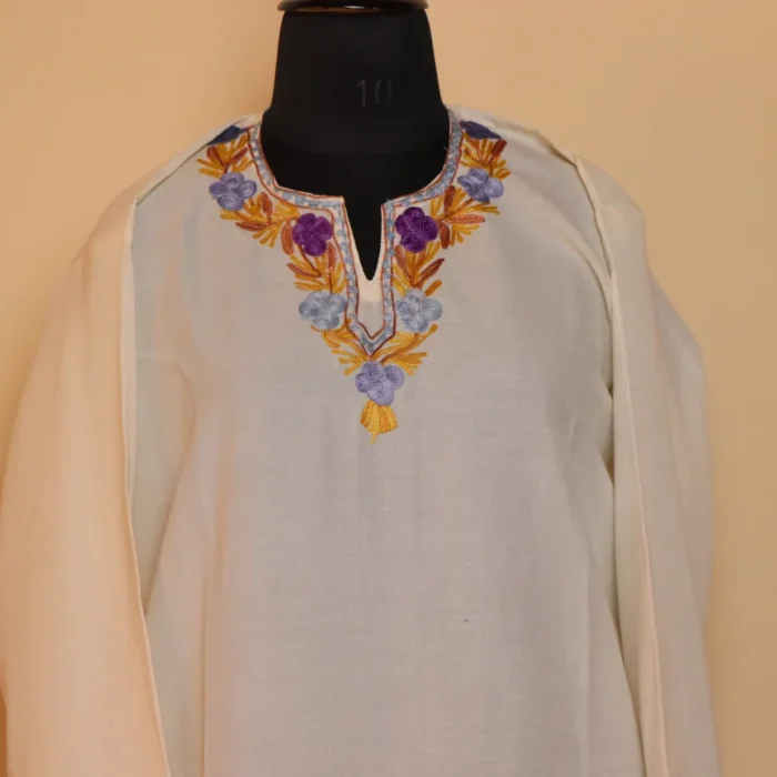 Walur White Summer Cool Cotton Kurta with Aari Embroidery - Image 2