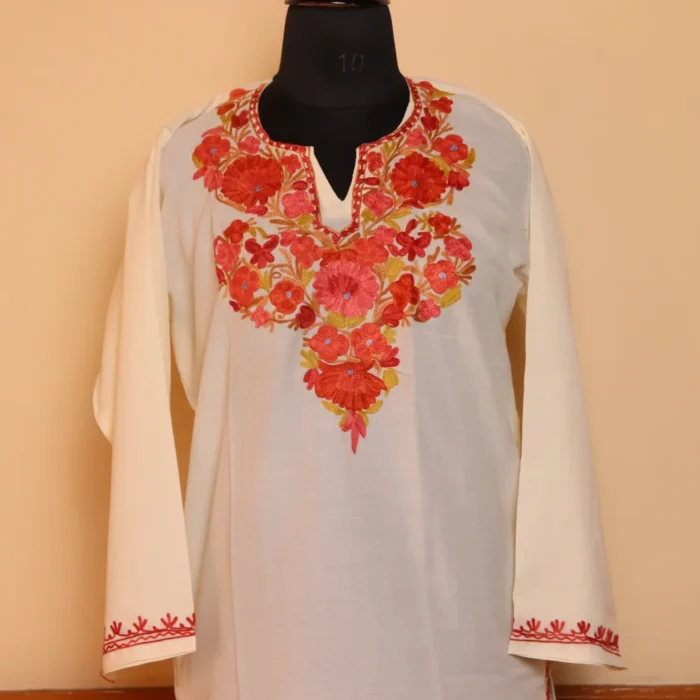 Gaash White Summer Cool Cotton Kurta with Aari Embroidery - Image 2