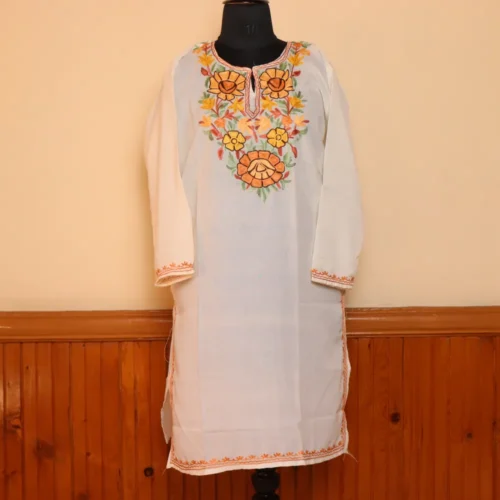 Hamdani White Summer Cool Cotton Kurta with Aari Embroidery