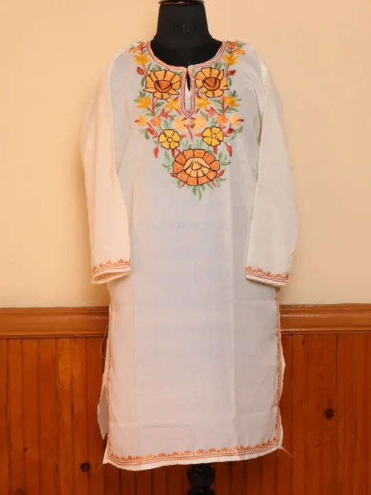 Hamdani White Summer Cool Cotton Kurta with Aari Embroidery