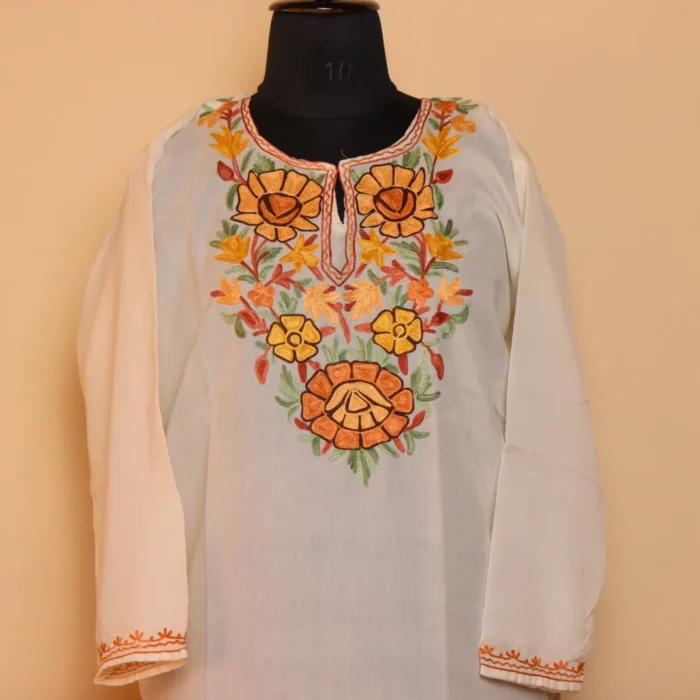 Hamdani White Summer Cool Cotton Kurta with Aari Embroidery - Image 2