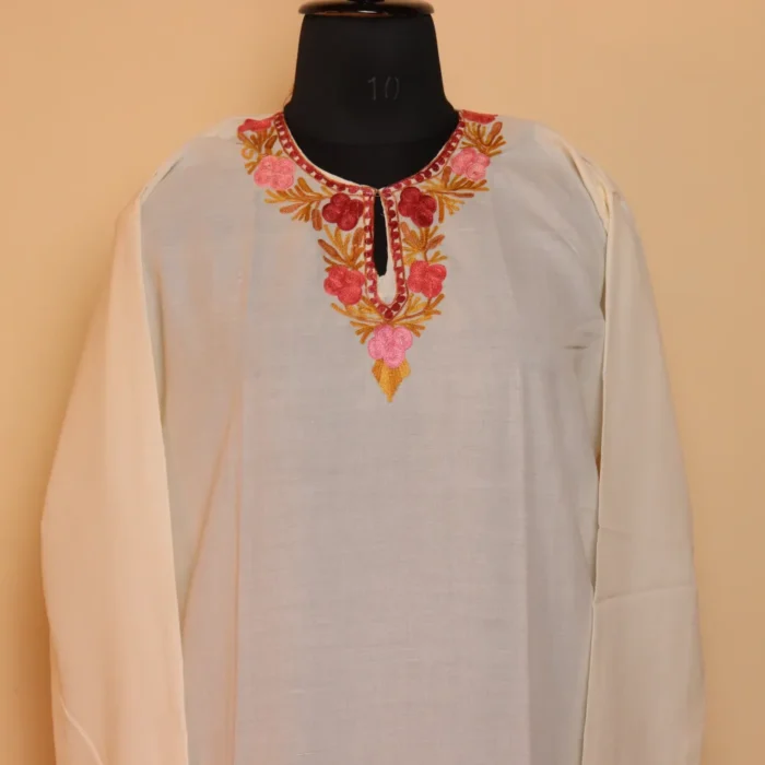Barooj White Summer Cool Cotton Kurta with Aari Embroidery - Image 2