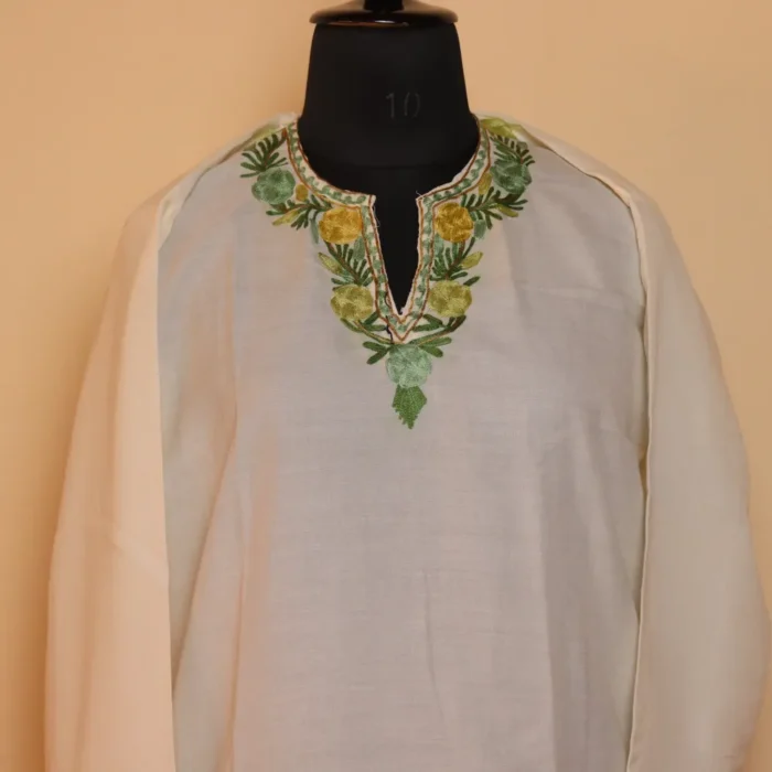 Tulmul  White Summer Cotton  Kurta with Aari Embroidery - Image 2