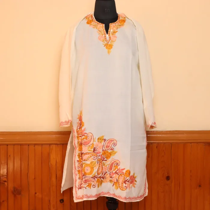 Shaheen White Summer Cool Cotton Kurta with Aari Embroidery