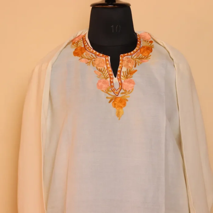 Shaheen White Summer Cool Cotton Kurta with Aari Embroidery - Image 2
