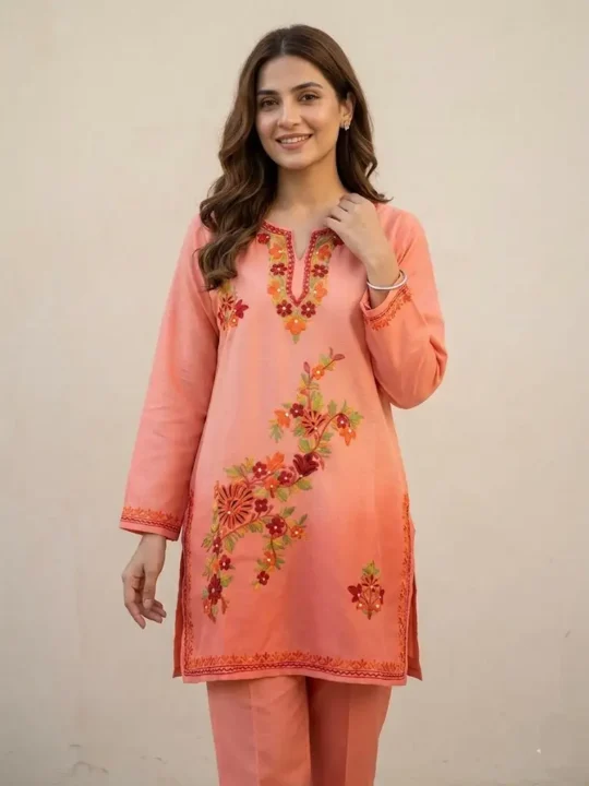 Kashmiri Kurti -Peach Short Ruby Cotton with Aari Embroidery