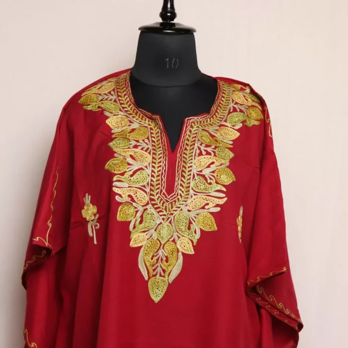 Maroon Kashmiri Kaftan Set – Aari Embroidered Cotton - Image 2