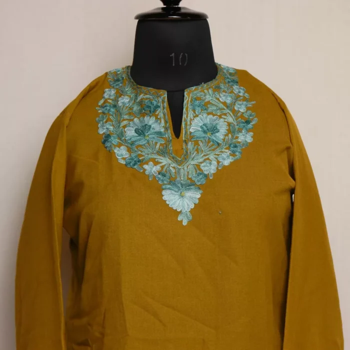 Kashmiri Summer Kurti - Mehndi Green Short Cotton with Aari Embroidery - Image 2