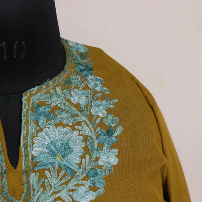 Kashmiri Summer Kurti - Mehndi Green Short Cotton with Aari Embroidery - Image 4
