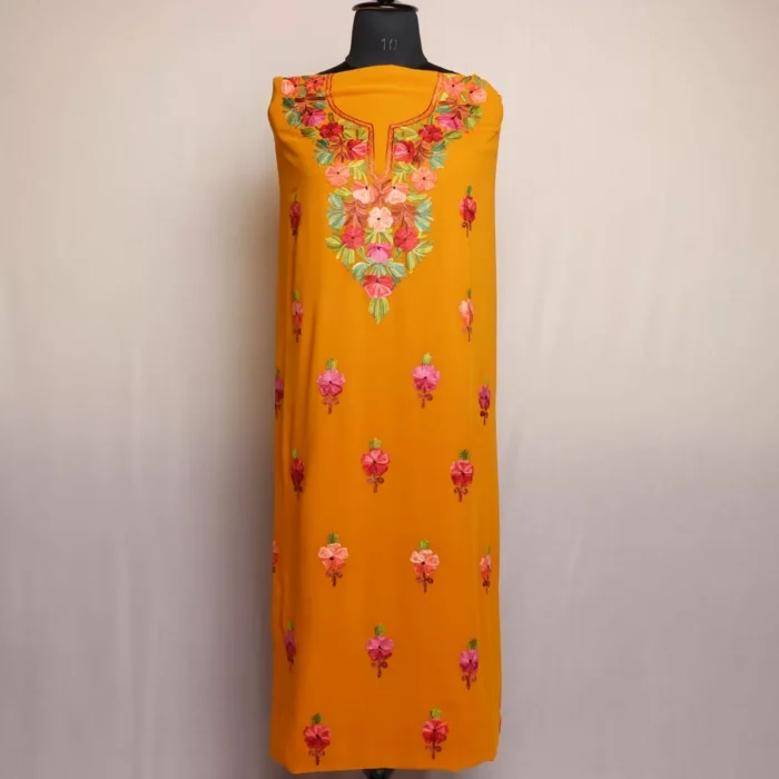 Mustard Georgette 3 Piece Suit with Kashmiri Aari Work - Image 4