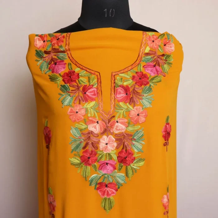 Mustard Georgette 3 Piece Suit with Kashmiri Aari Work - Image 2