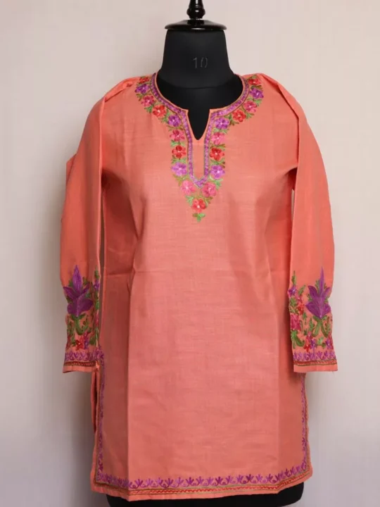 Peach Short Ruby Cotton Kurta with Aari Embroidery