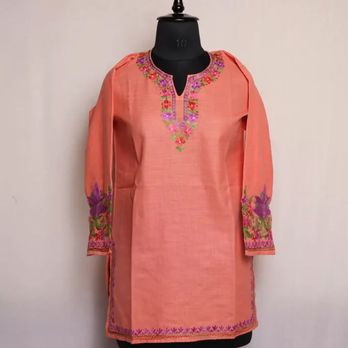 Peach Short Ruby Cotton Kurta with Aari Embroidery