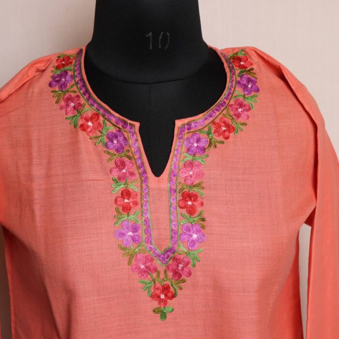 Peach Short Ruby Cotton Kurta with Aari Embroidery - Image 2