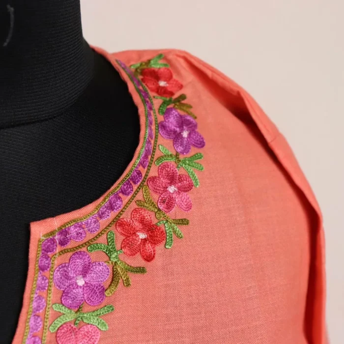 Peach Short Ruby Cotton Kurta with Aari Embroidery - Image 3