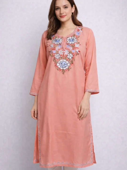Asma Pink Summer Kashmiri Cotton Kurti with Aari Embroidery