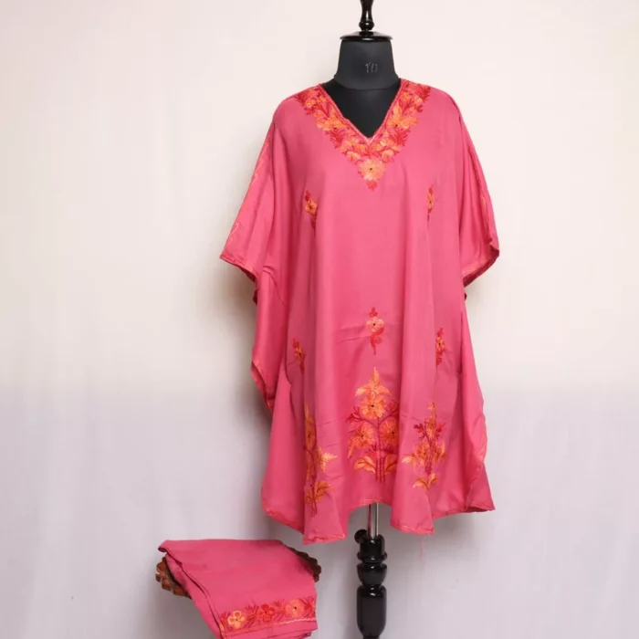 Pink Noori Kashmiri Kaftan Set – Aari Embroidered Cotton