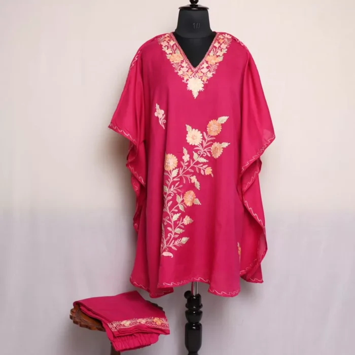 Pink Kashmiri Kaftan Set – Aari Embroidered Cotton