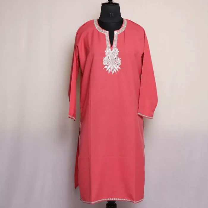 Pink Cotton Kurti with Silver Tilla Embroidery - Image 2