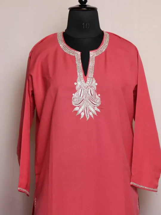 Pink Cotton Kurti with Silver Tilla Embroidery