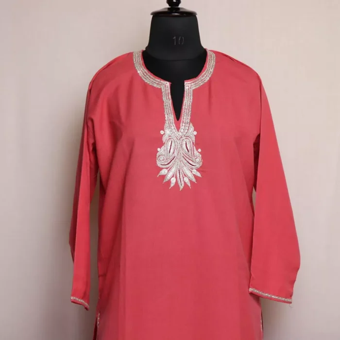 Pink Cotton Kurti with Silver Tilla Embroidery