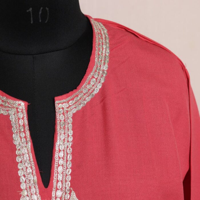 Pink Cotton Kurti with Silver Tilla Embroidery - Image 3