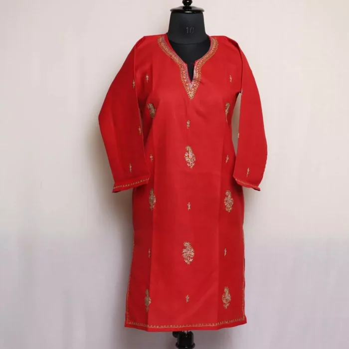 Red Kashmiri Cotton Kurta with Sozni Handwork