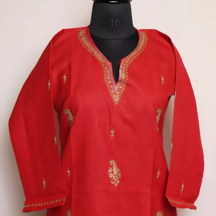 Red Kashmiri Cotton Kurta with Sozni Handwork - Image 2