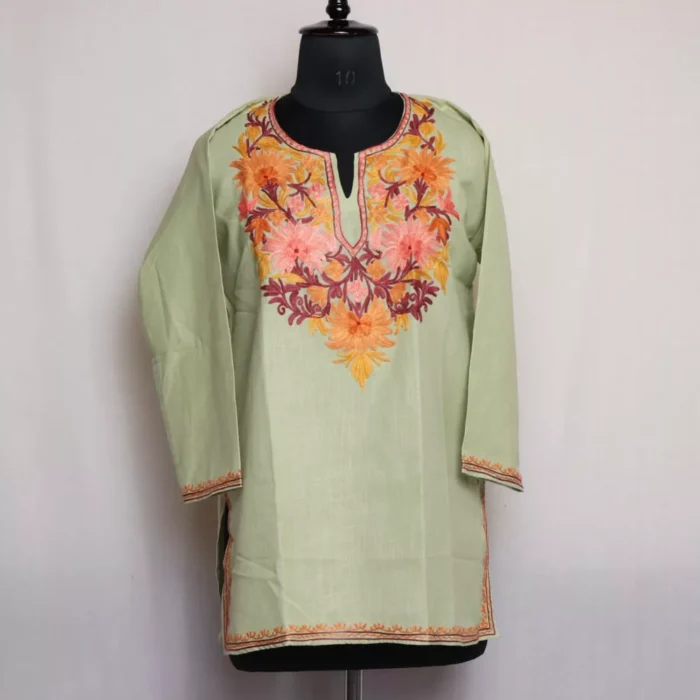 Kashmiri Summer Kurti - Light Green Short Cotton with Aari Embroidery