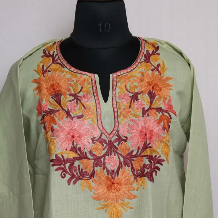 Kashmiri Summer Kurti - Light Green Short Cotton with Aari Embroidery - Image 2