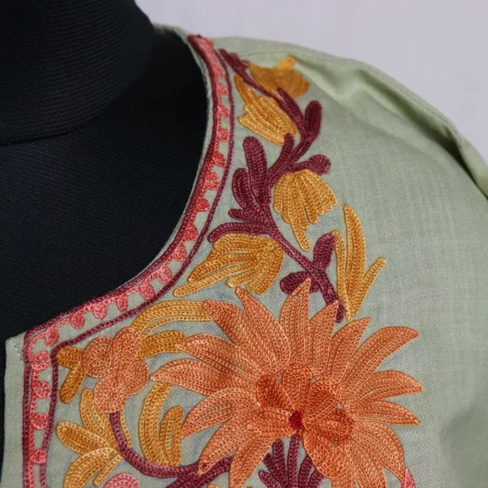 Kashmiri Summer Kurti - Light Green Short Cotton with Aari Embroidery - Image 3