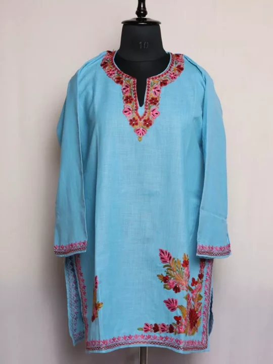 Kashmiri Kurti - Sky Blue Short Ruby Cotton with Aari Embroidery