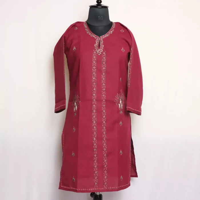 Wine Kashmiri Sozni Handwork Cotton Kurta - Image 2