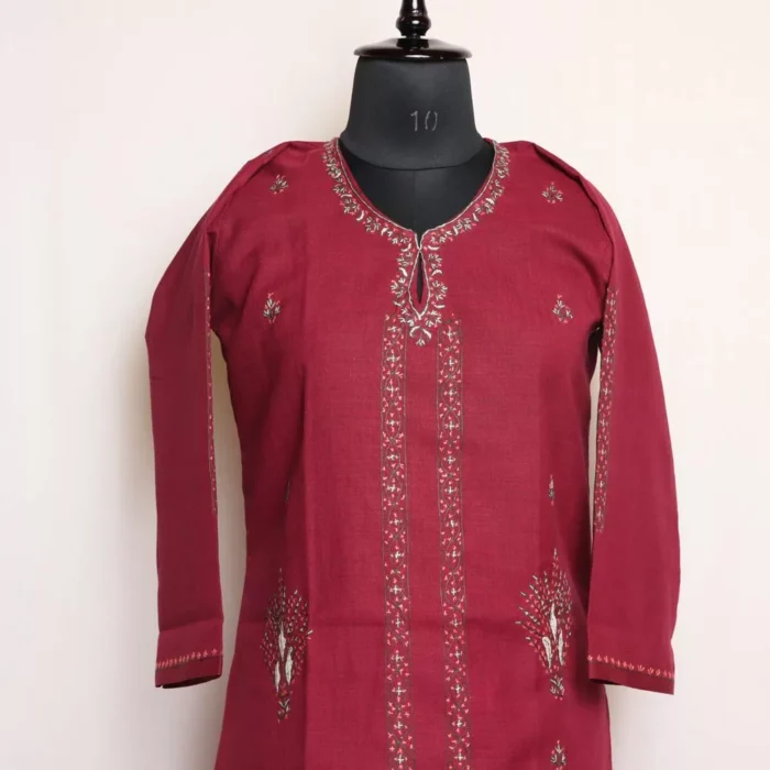 Wine Kashmiri Sozni Handwork Cotton Kurta - Image 4