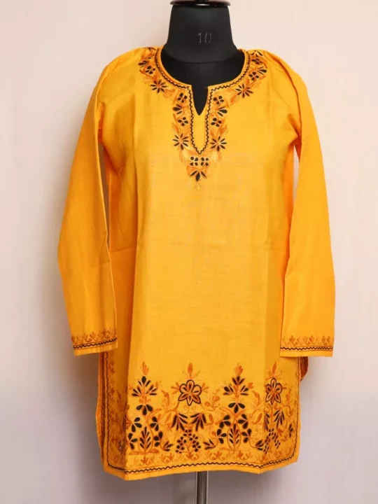 Kashmiri Kurti - Yellow Short Ruby Cotton with Aari Embroidery