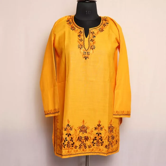 Kashmiri Kurti - Yellow Short Ruby Cotton with Aari Embroidery