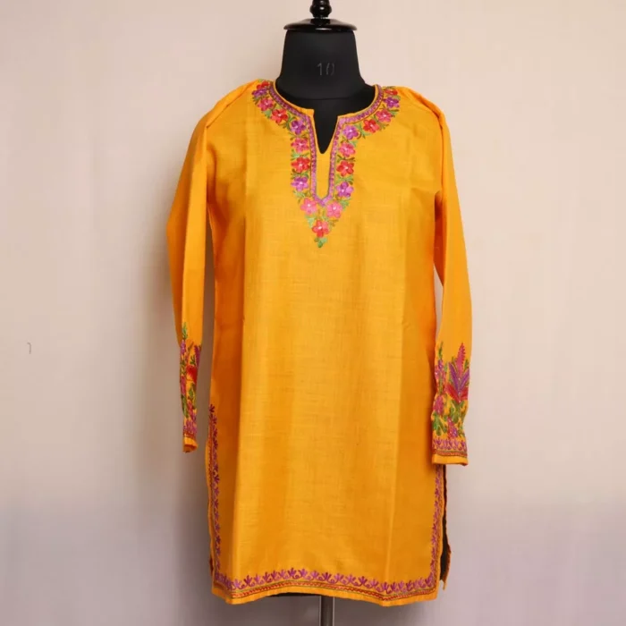 Kashmiri Summer Kurti - Yellow Short Cotton with Aari Embroidery