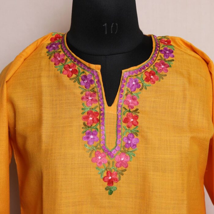 Kashmiri Summer Kurti - Yellow Short Cotton with Aari Embroidery - Image 2