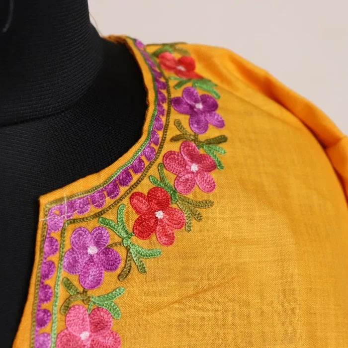 Kashmiri Summer Kurti - Yellow Short Cotton with Aari Embroidery - Image 3