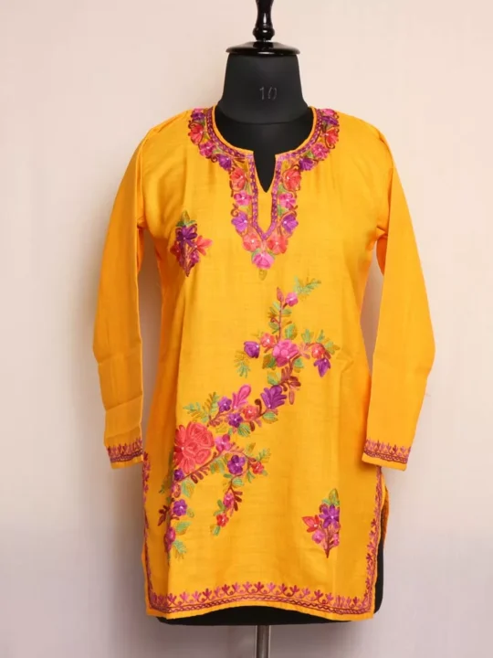 Kashmiri Kurti - Yellow Short Ruby Cotton with Aari Embroidery