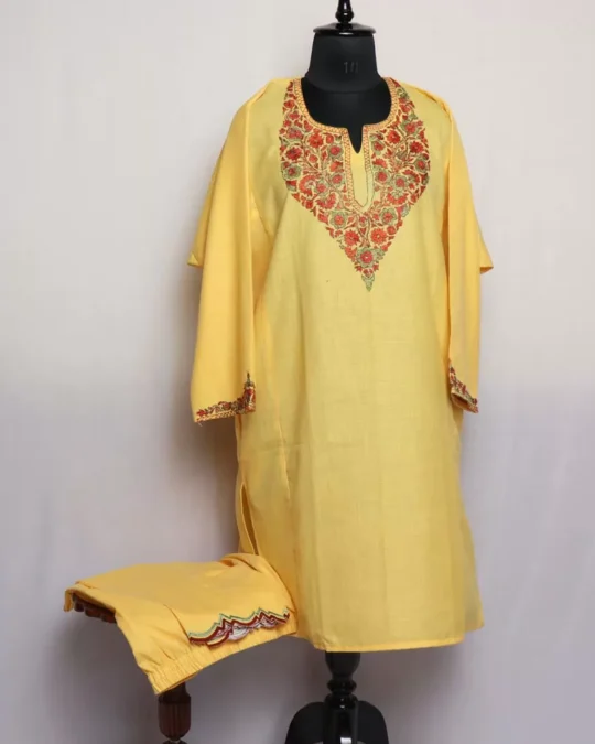 Yellow Kashmiri Sozni Handwork Cotton Pheran Set