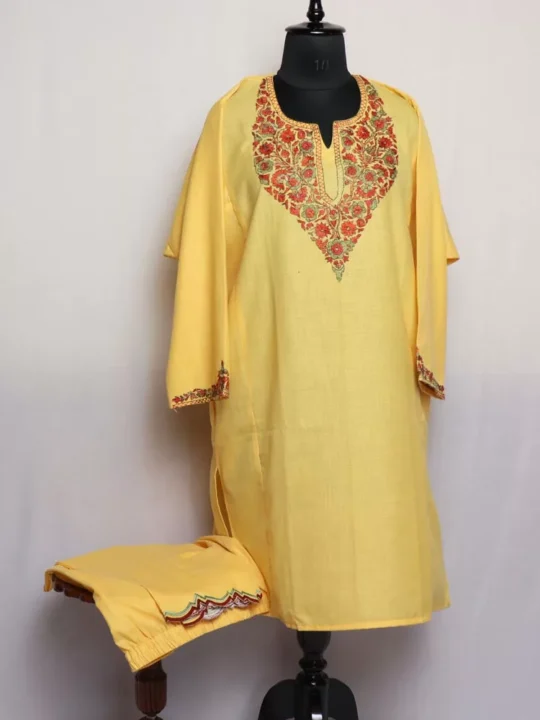 Yellow Kashmiri Sozni Handwork Cotton Pheran Set