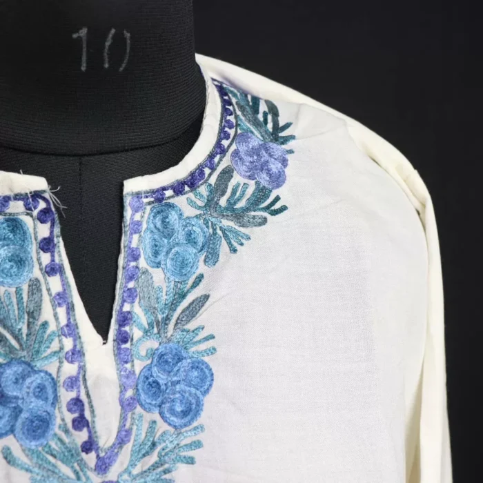 White Blue Summer Kashmiri Kurta with Aari Embroidery - Image 3