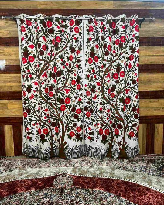 Red Tree of Life Crewel Work Kashmiri Curtain