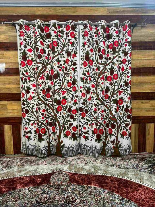 Red Tree of Life Crewel Work Kashmiri Curtain