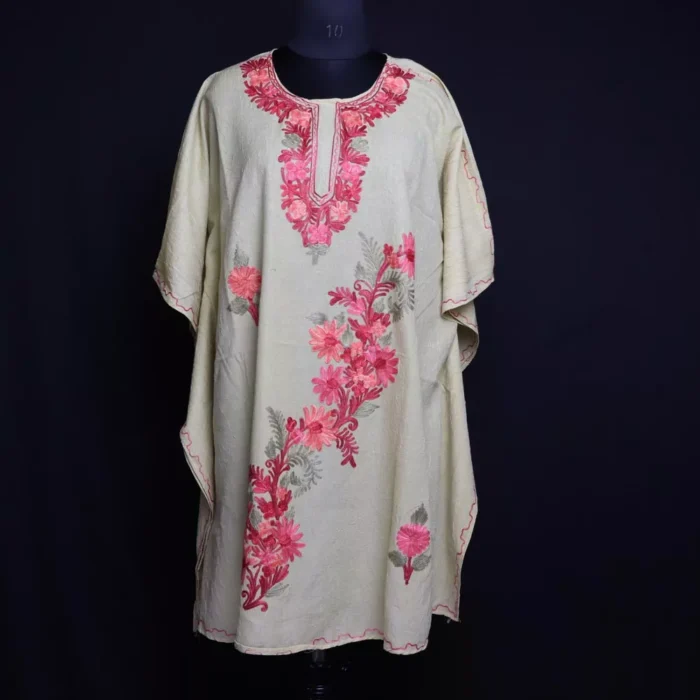 Light Yellow Short Kashmiri Kaftan – Aari Embroidered Crush Cotton