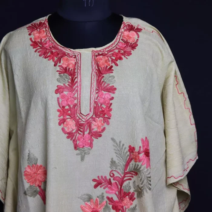 Light Yellow Short Kashmiri Kaftan – Aari Embroidered Crush Cotton - Image 2