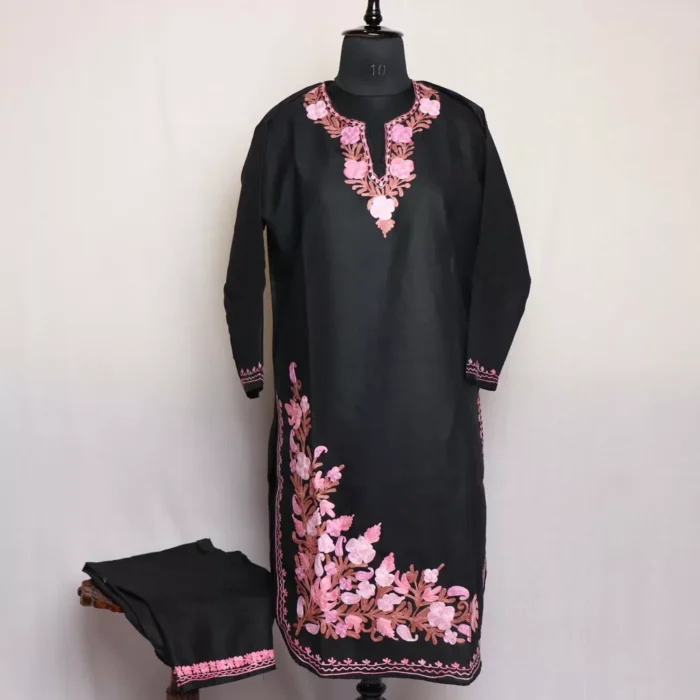 Black Floral Kashmiri Cotton Aari Kashmiri Co-ord Set